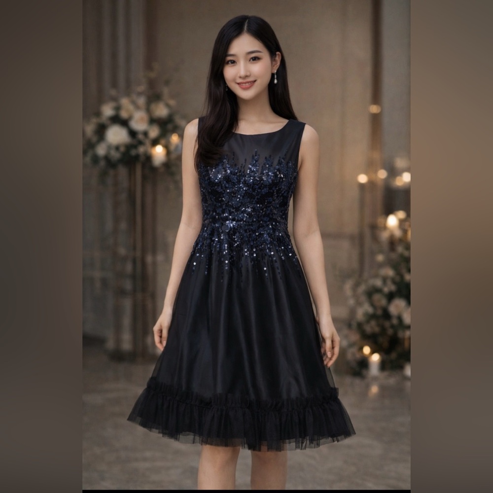 Kathy Hilton Black Satin Dress Sequins Formal Evening Party Festive. Sz 6.  EUC!